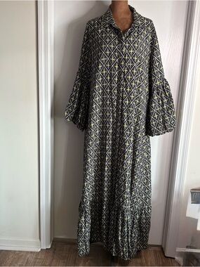 Yakira Bella Maxi Ruffle Hem Dress Geometric/Floral Boho Prairie Cottagecore XL